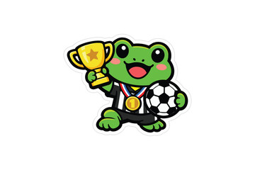 Obraz premium Funny Champion Football Frog Sticker, Cute Soccer Mascot Character Holding Trophy, Kawaii Sports Fan Cartoon Animal, T Shirt Graphic