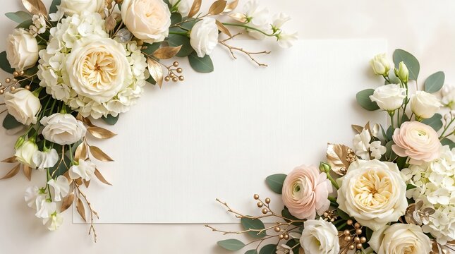 Elegant floral frame of white and cream roses with gold leaves and a blank white space for greeting text.