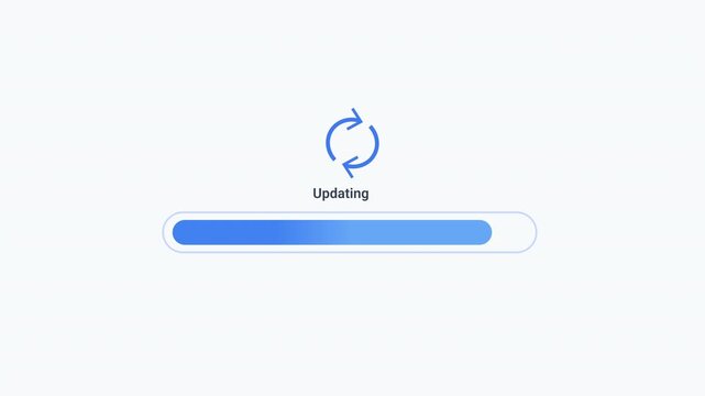 Animated progress bar with update status indicator and synchronization icon on a clean interface. Ideal for software updates, system maintenance, application upgrades, deployment workflows, and techno