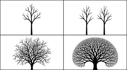 Stylized tree silhouette illustrations showing variations in branching complexity and canopy density for nature, growth, and design projects © MdMahabur