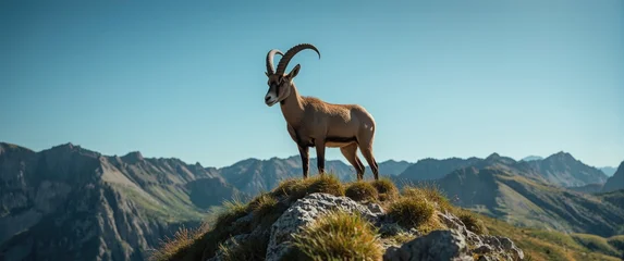 Wild ibex on steep mountain ledge with bright daylight © vxnaghiyev
