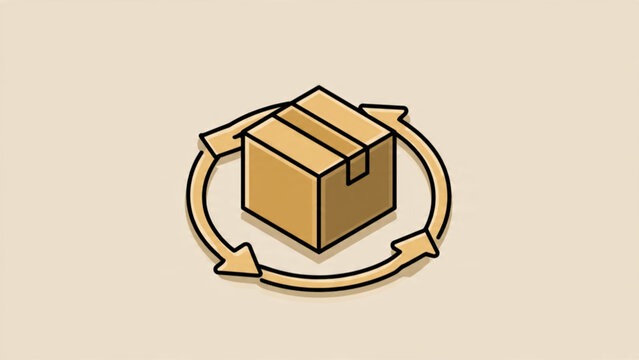 Isometric cardboard box surrounded by arrows in beige and brown for packaging and logistics