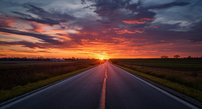 Scenic road extending into a colorful sunset embodying hopeful new starts in nature