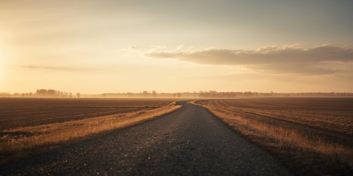 Relaxing rural panorama showing a gravel road amid spacious empty fields