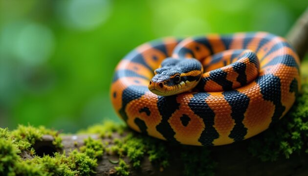 Python snake with orange black patterns coiled on mossy tree branch. Reptile rests in green nature jungle background. Wildlife animal macro photography.