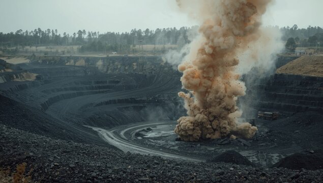 Open coal mine explosive work creating smoke and dust puffs, background with copy space