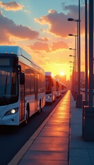 Obraz premium Line of white buses at sunset on street. City skyline buildings visible in distance. Orange clouds fill sky during golden hour. Road reflects warm sunlight.