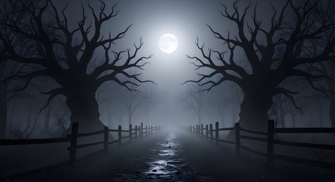 Eerie dark forest path with twisted bare trees and wooden fences under a full moon in thick fog
