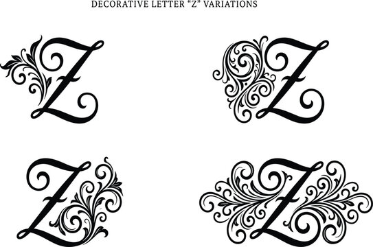 Ornate capital letter Z monogram typography set decorative vintage drop caps black isolated vector illustrations collection