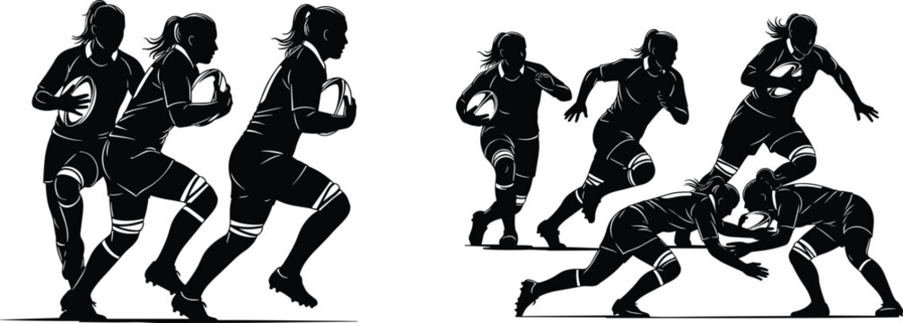 Creative collection of rugby player silhouettes in offensive and defensive action, symbolizing teamwork, strength, competition, and modern dynamic design concepts
