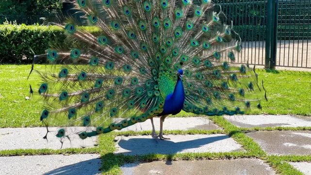 Magnificent peacock displaying vibrant feathers in a park setting, showcasing nature's beauty in full glory