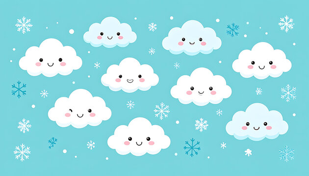 Cute pixel art clouds with happy faces and snowflakes on a light blue background, digital illustration