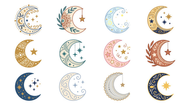 Collection of decorative crescent moons with stars and floral elements, symbolizing celestial themes and good luck