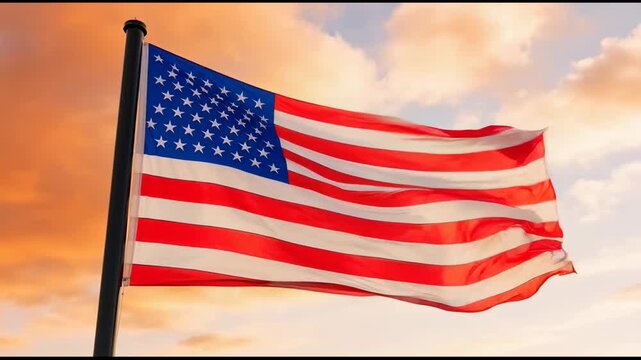 American Flag Waving in a Fiery Sunset Sky, Symbol of Freedom and Patriotism