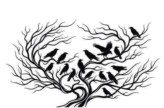 Silhouette of a tree with many crows isolated on white background