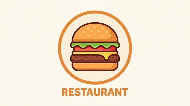 Minimalist burger restaurant logo icon, flat vector cheeseburger illustration with lettuce and tomato, modern fast food branding graphic