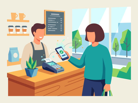Contactless payment transaction using a mobile phone at a coffee shop counter by a female customer