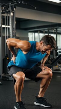 Gym Injury: A man in a blue tank top and black shorts experiences intense back pain while performing a squat in a gym, his face contorted in agony, highlighting the risks of strenuous exercise.