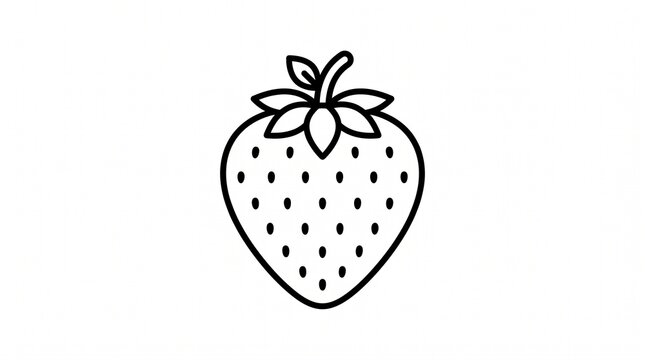 Minimalist strawberry line art icon, simple black outline of a fresh berry fruit, modern botanical drawing on white background