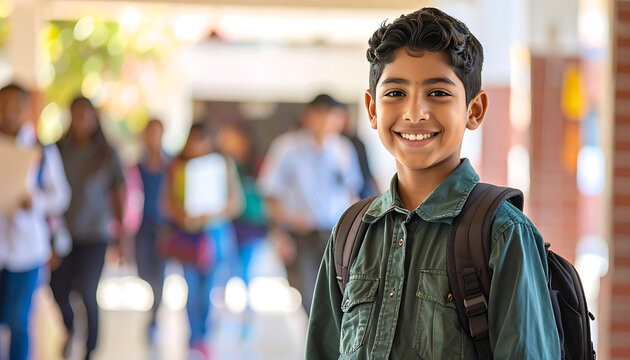 Young happy boy wearing backpack smiles at camera, blurred school hallway background, back to school concept