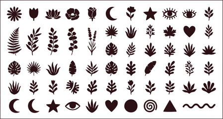 Fototapeta premium Botanical plant silhouettes and mystical symbols collection set presented as individual icons on transparent background