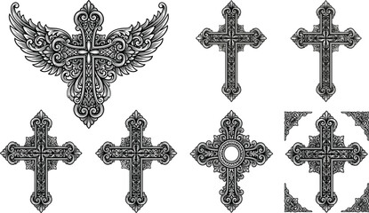 Ornate Christian cross and angel wings vector collection baroque decorative crucifix corners detailed engraving silhouette elements pack isolated on white background © MdShoriful