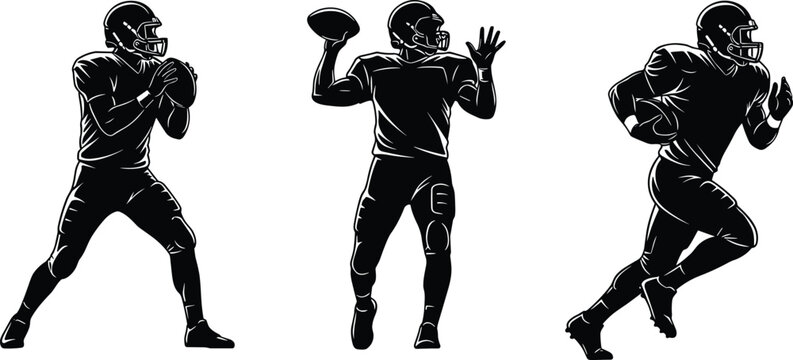 Silhouettes of American football players in dynamic action poses showcasing quarterback throwing motion, ball handling, running stride, and athletic sports concept illustration