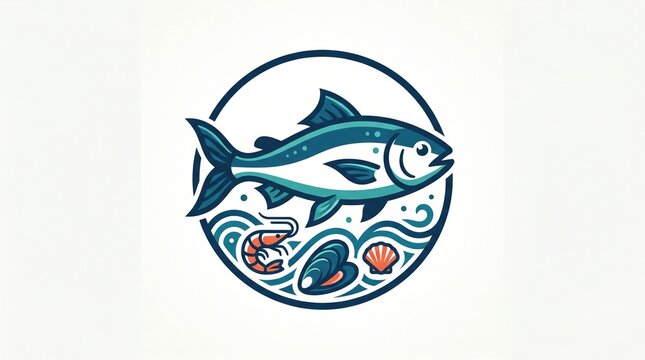 Minimalist seafood logo design, stylized blue fish icon with shrimp and mussels, circular nautical emblem for restaurant branding and menu design