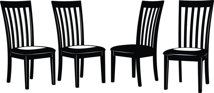 Silhouettes of classic wooden chairs arranged in a row showcasing uniform design, slatted backrest, straight legs, and traditional furniture concepts