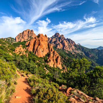A serene mountain trail surrounded by lush greenery and vibrant red rock formations under a bright blue sky with wispy white clouds