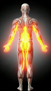 Human Anatomy with Lumbar Pain: A 3D illustration of the human muscular and skeletal system, highlighting areas of intense pain or inflammation in the lower back and extremities.