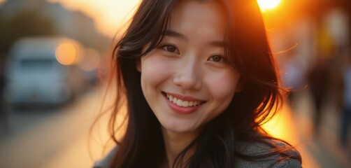 Fototapeta premium Young Korean woman smiles warmly outdoors at sunset. Golden hour light frames face. Dark hair, wearing grey jacket. Blurred city background suggests urban life. Positive, radiant portrait.