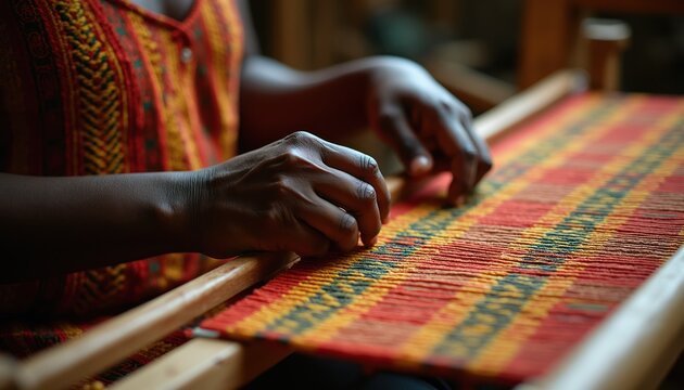 African woman weaves bright Kente cloth on traditional wooden loom. Uses hands to interlace colorful threads, creating intricate patterns. Artisan works in dimly lit workshop crafting textiles.