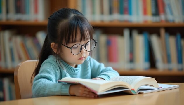 Young asian girl with glasses reads book at table in library. Child learns at school, studies knowledge from literature. Girl is interested in stories, develops mind and imagination.