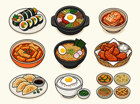 Korean food illustration set featuring traditional dishes like kimbap bibimbap kimchi ramen and fried chicken