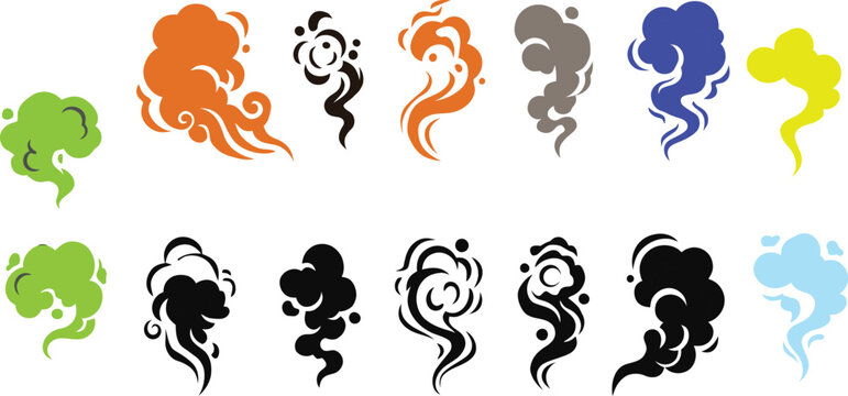  Colorful smoke and steam plumes vector flat illustration cartoon icons set with bad odor aroma dust and gas clouds isolated on white background