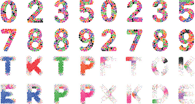 Colorful halftone dots alphabet and numbers on white background