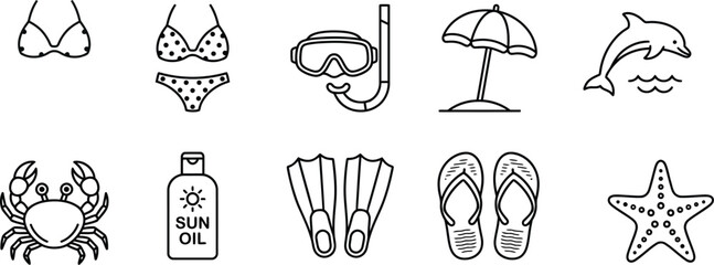  Summer beach vacation vector line art icons set with bikini snorkel mask umbrella dolphin crab and starfish isolated on white background © SREE NOMITA RANI 1