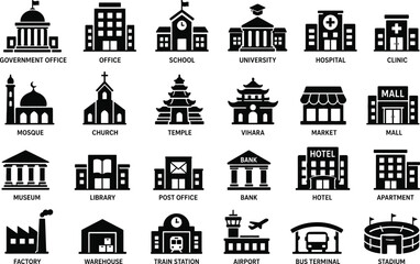 Fototapeta premium Public Buildings and Community Facilities Icon Set, Architecture Silhouette Collection