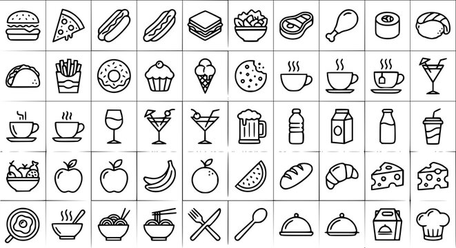 Food and Drink Thin Line Icons Set with Restaurant Meals Beverages and Editable Stroke Symbols