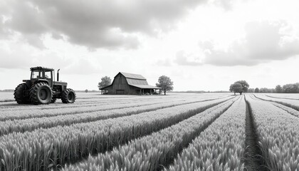 Fototapeta premium Black and white farm scene with tractor in ripe wheat field. Rustic barn sits under cloudy sky. Agriculture concept with rowed crop and old rural building.