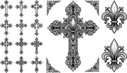 Ornate Christian cross and fleur de lis vector collection baroque decorative crucifix corners detailed engraving silhouette elements pack isolated on white background © MdShoriful