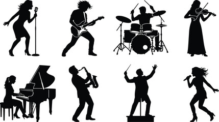 Collection of musical performer silhouettes including singers, guitarist, drummer, violinist, pianist, saxophonist, and orchestra conductor isolated on white background © MstRehna