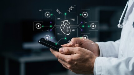 Fototapeta premium Doctor holding smartphone with virtual heart hologram displaying biometric data and genetic information, cardiology concept, mhealth modern technology business concept
