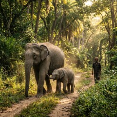 Fototapeta premium Adult Asian elephant with its small calf walking on a dirt path in a dense green forest with a ranger walking behind them
