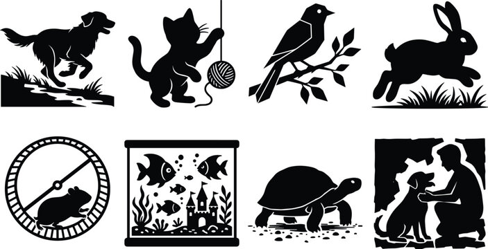 Domestic pets silhouette icon set featuring running dog playing kitten perched bird hopping rabbit hamster wheel aquarium fish and tortoise