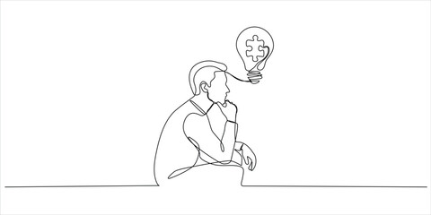 Person thinking with light bulb puzzle continuous line art vector illustration minimalist creativity and problem solving concept © Dosoroth Chandra
