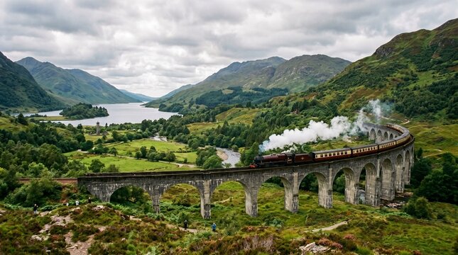 Iconic Jacobite Steam Train traveling across the historic Glenfinnan Viaduct in the scenic Scottish Highlands during a cloudy summer day, overlooking Loch Shiel and lush green mountainous landscape