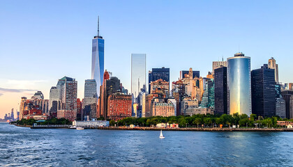 Fototapeta premium New York City skyline at sunset, urban cityscape with modern skyscrapers and water, vibrant city view