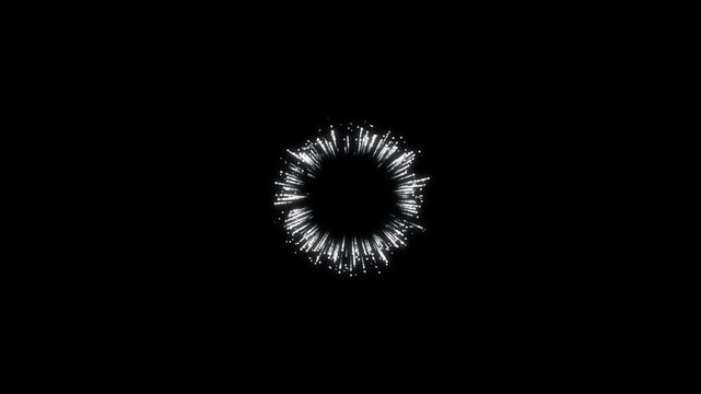 White starburst particle explosion radiating from the center with glowing light trails, flying sparks, energy shockwave burst, abstract circular stardust animation on black background, 4k vfx footage